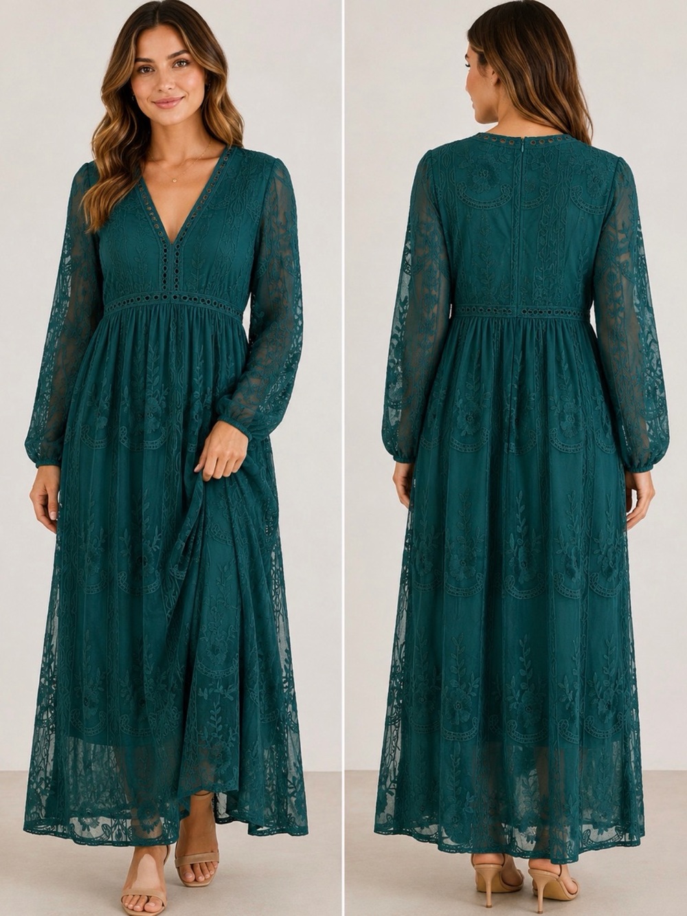 AGB embroidered Women's Teal Lace Long Sleeve Maxi Dress boho wedding v neck M